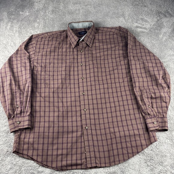 Van Heusen Button Up Shirt Mens Large Brown Red Plaid Wrinkle Free Long Sleeve - Picture 1 of 11
